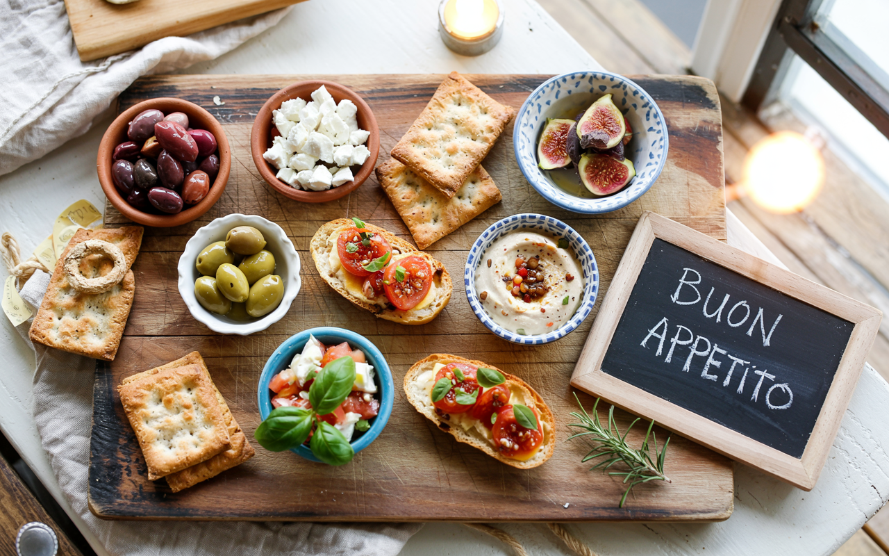 Une table avec des plats de fruits et de légumes, y compris des figues, des olives, des tomates, des pains grillés, des croissants et des fruits de mer.