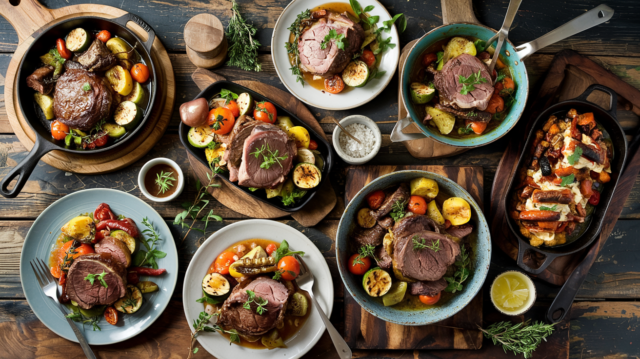 Une table de déjeuner avec des plats de viande et des légumes.