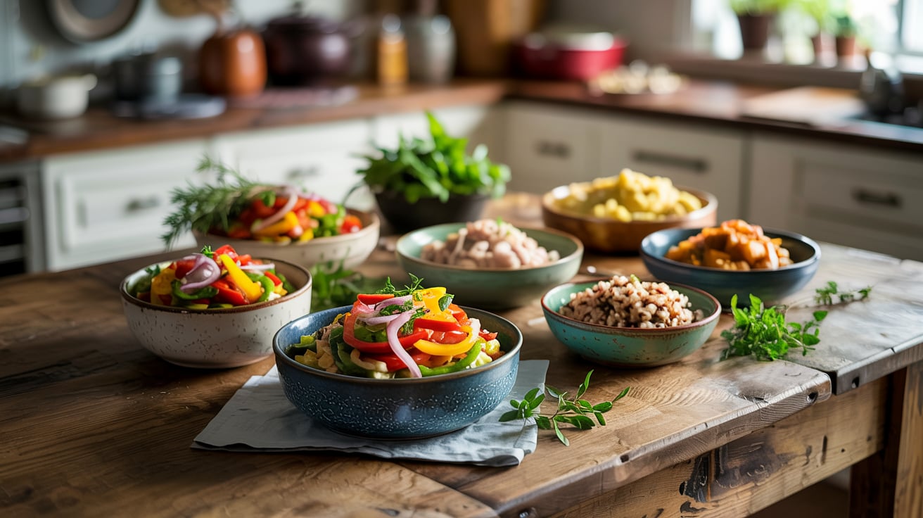 Une table de cuisine avec plusieurs plats de salade et de légumes.