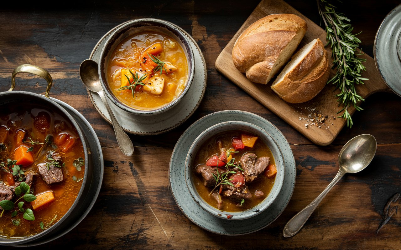Une table avec des plats de soupe et des pains.