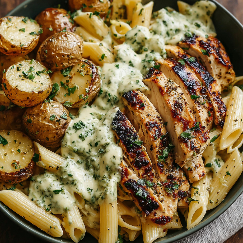 A bowl of pasta with chicken and potatoes.