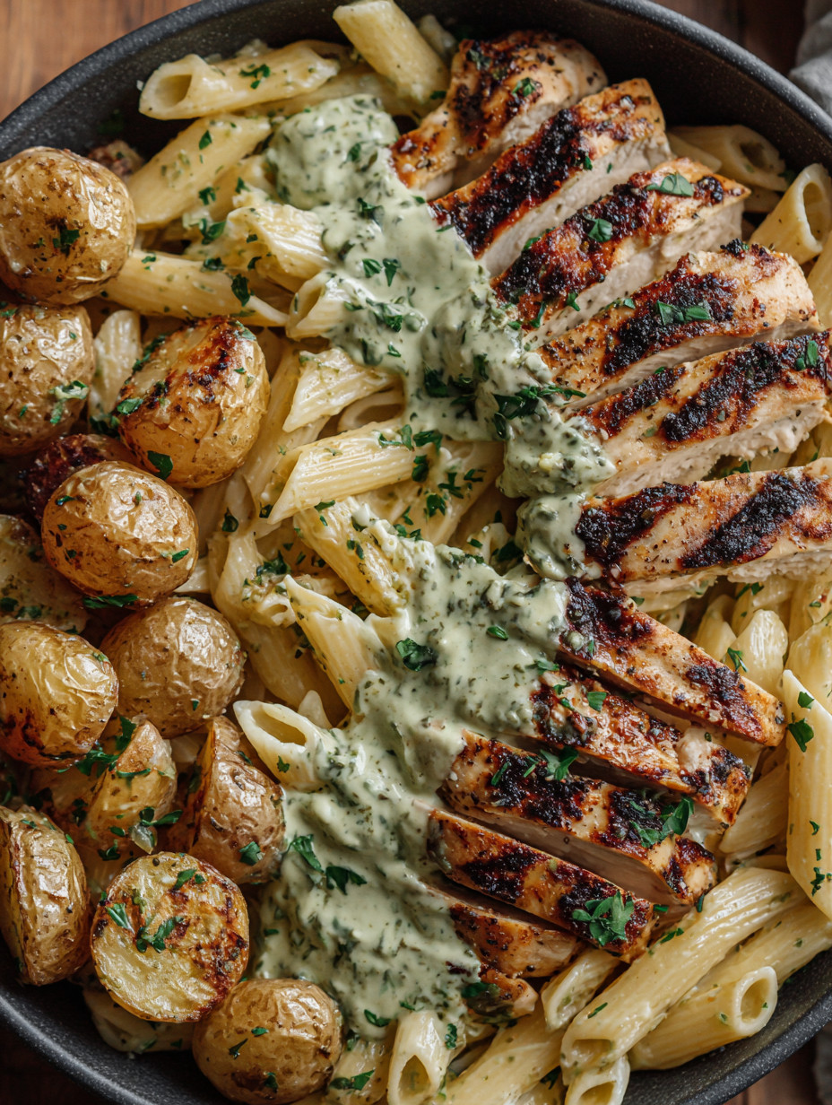 A plate of food with chicken, potatoes, and pasta.