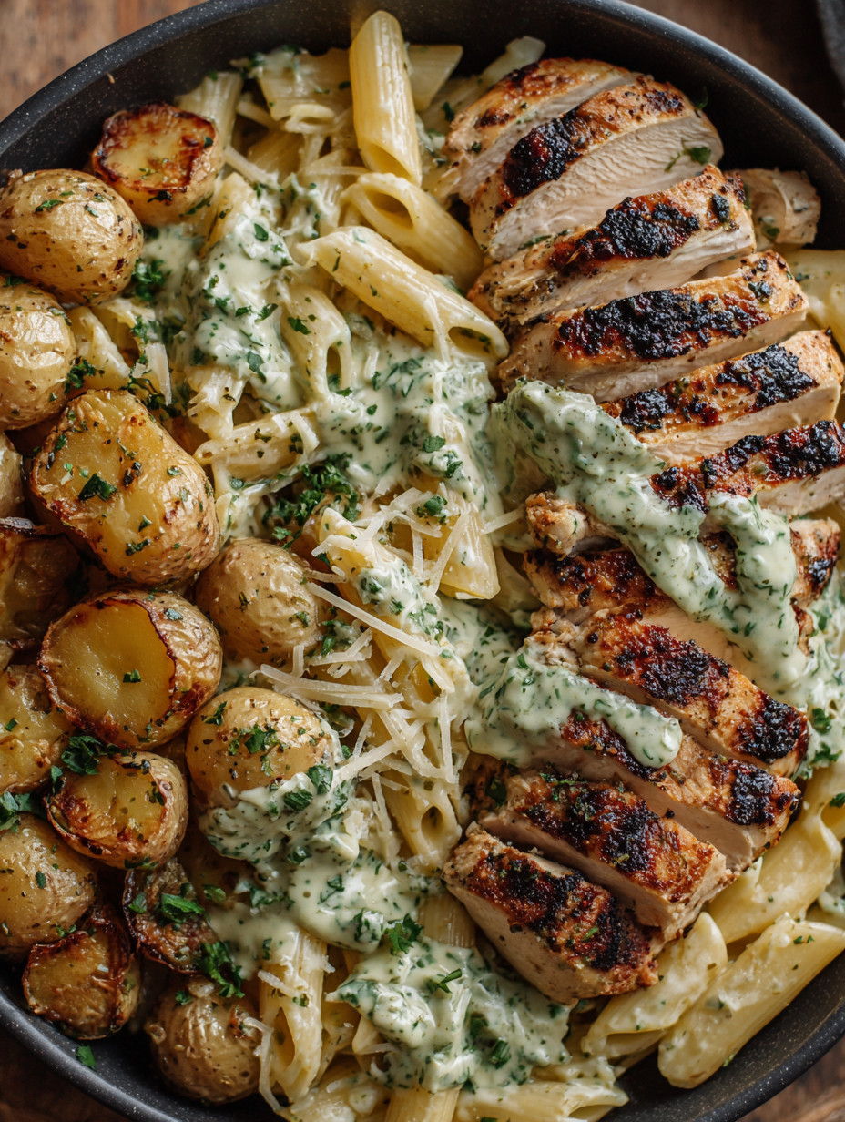 A plate of food with chicken, pasta, and potatoes.