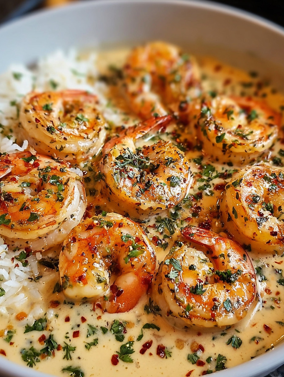 Shrimp and rice with a sauce.