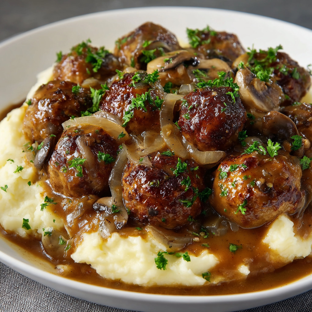 A plate of food with mushrooms and onions.