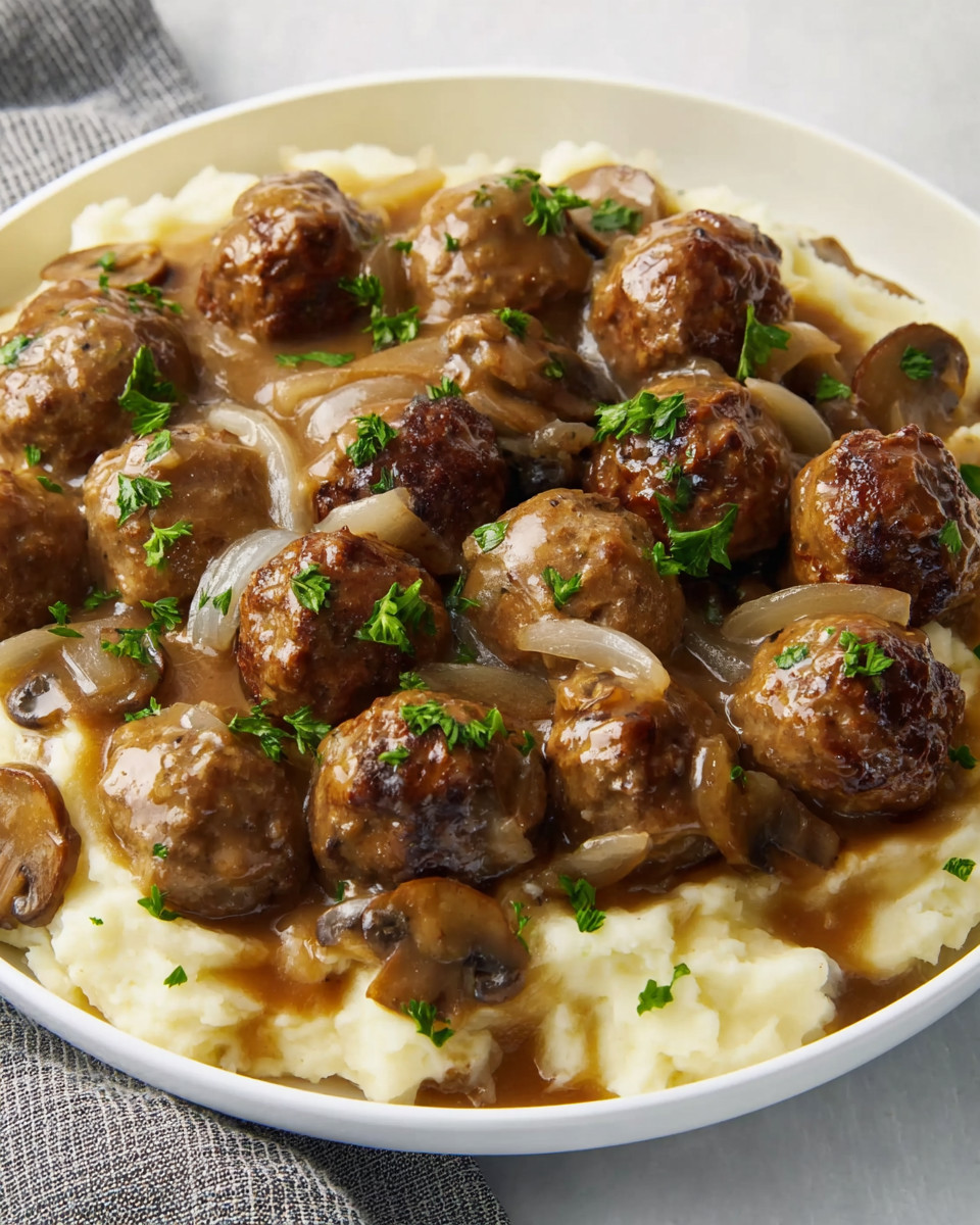 A plate of food with mushrooms and meatballs.