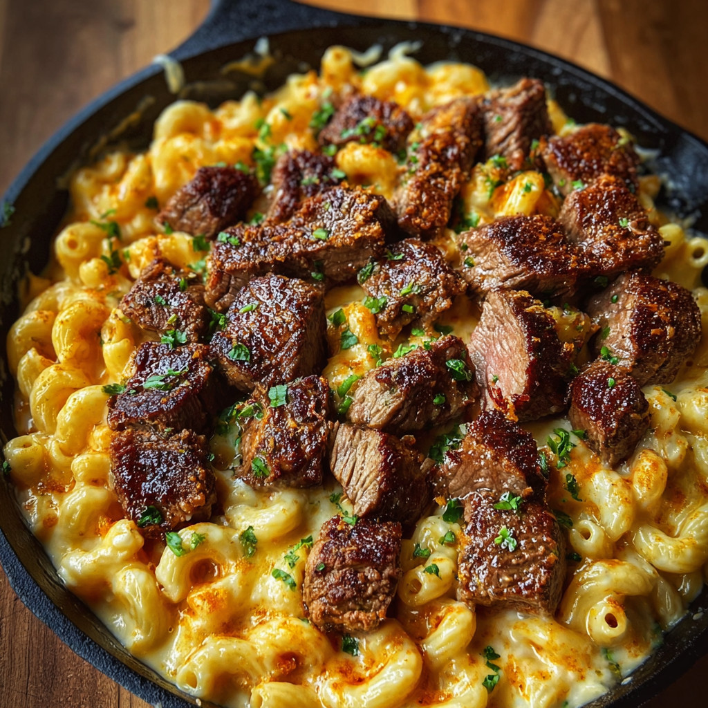 A bowl of macaroni and cheese with meat.