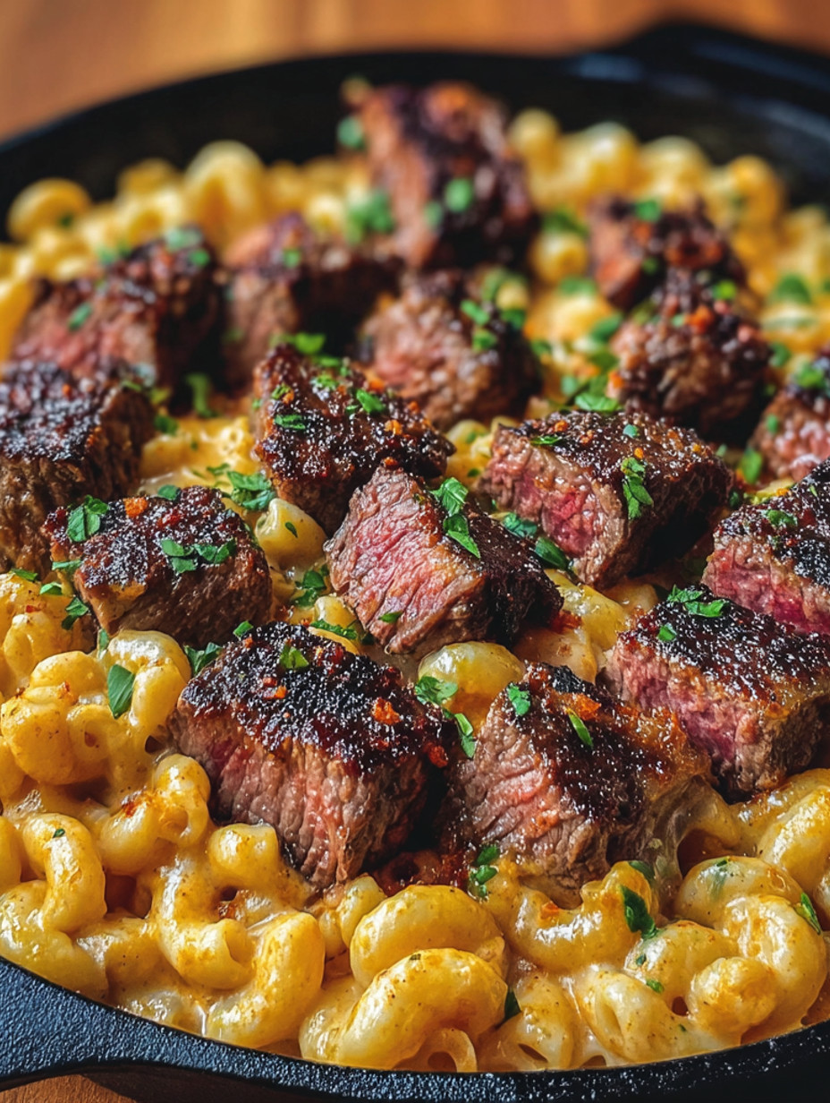 A plate of macaroni and steak.