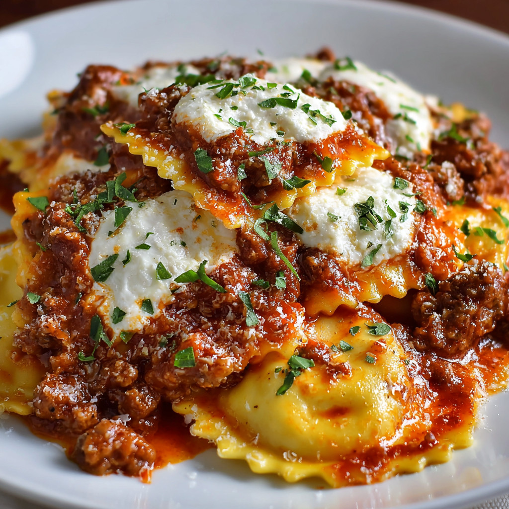 A plate of pasta with meat sauce.