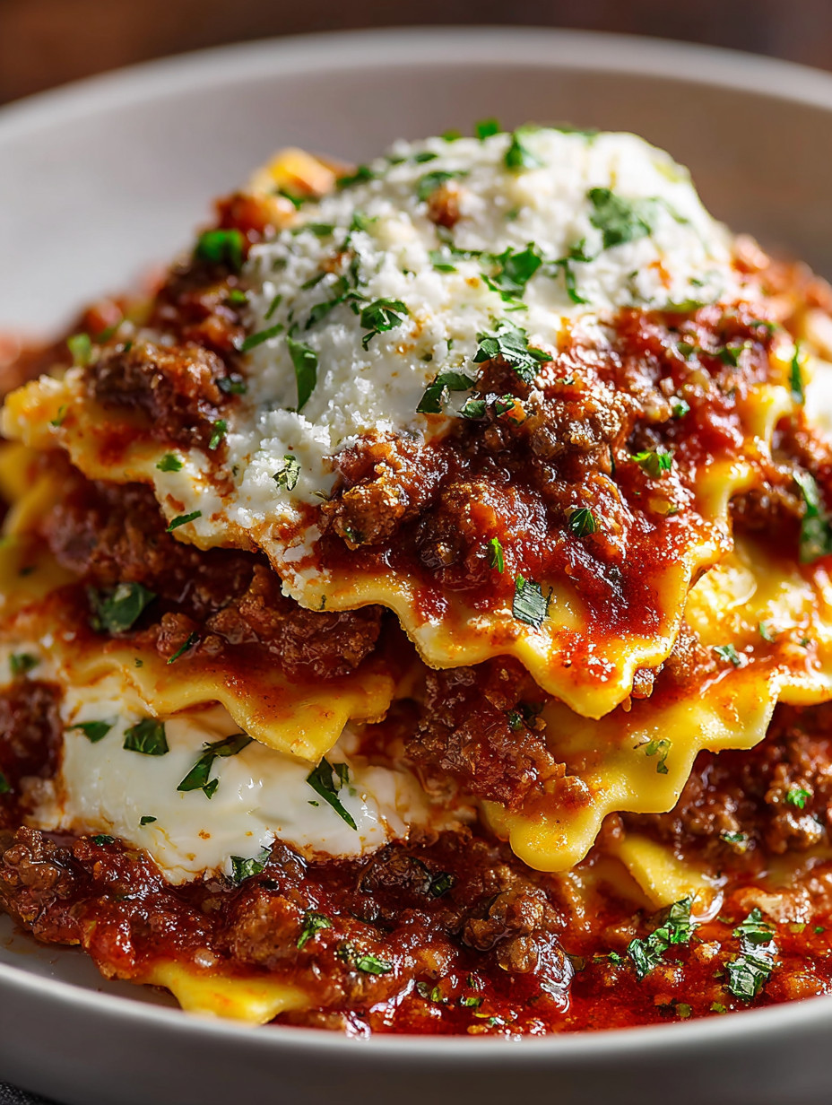 A stack of lasagna with white cheese on top.