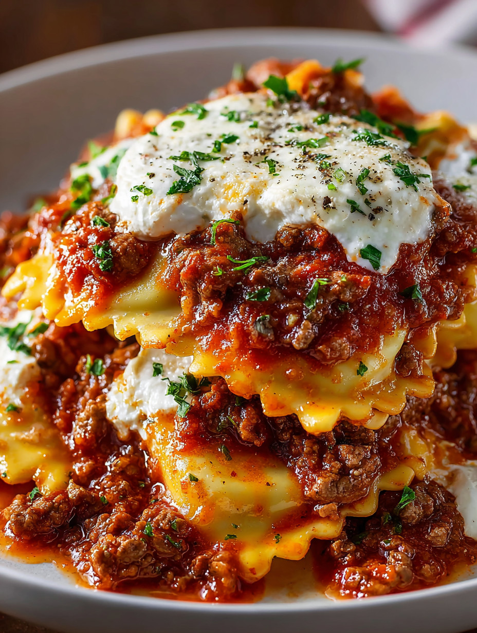 A plate of pasta with meat and cheese on top.
