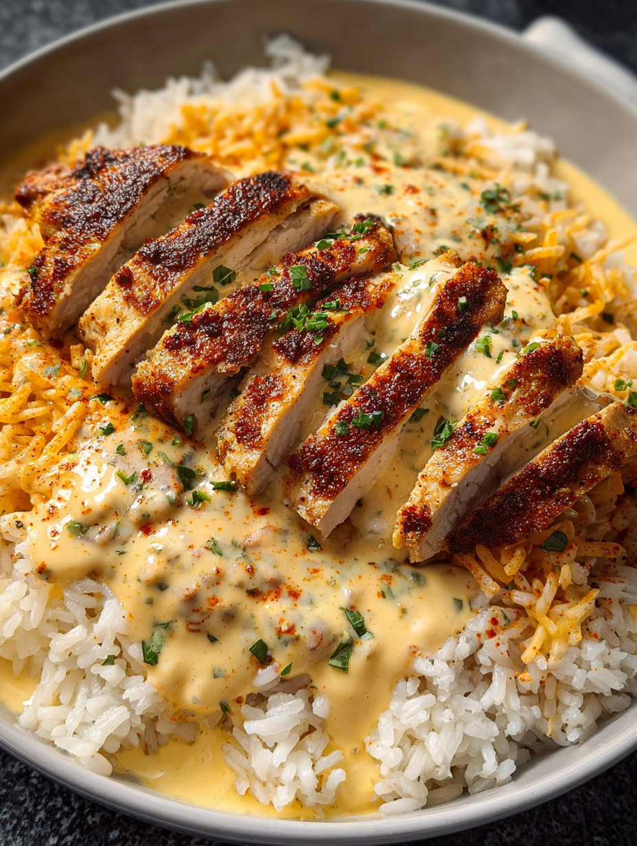 A plate of food with rice and chicken.