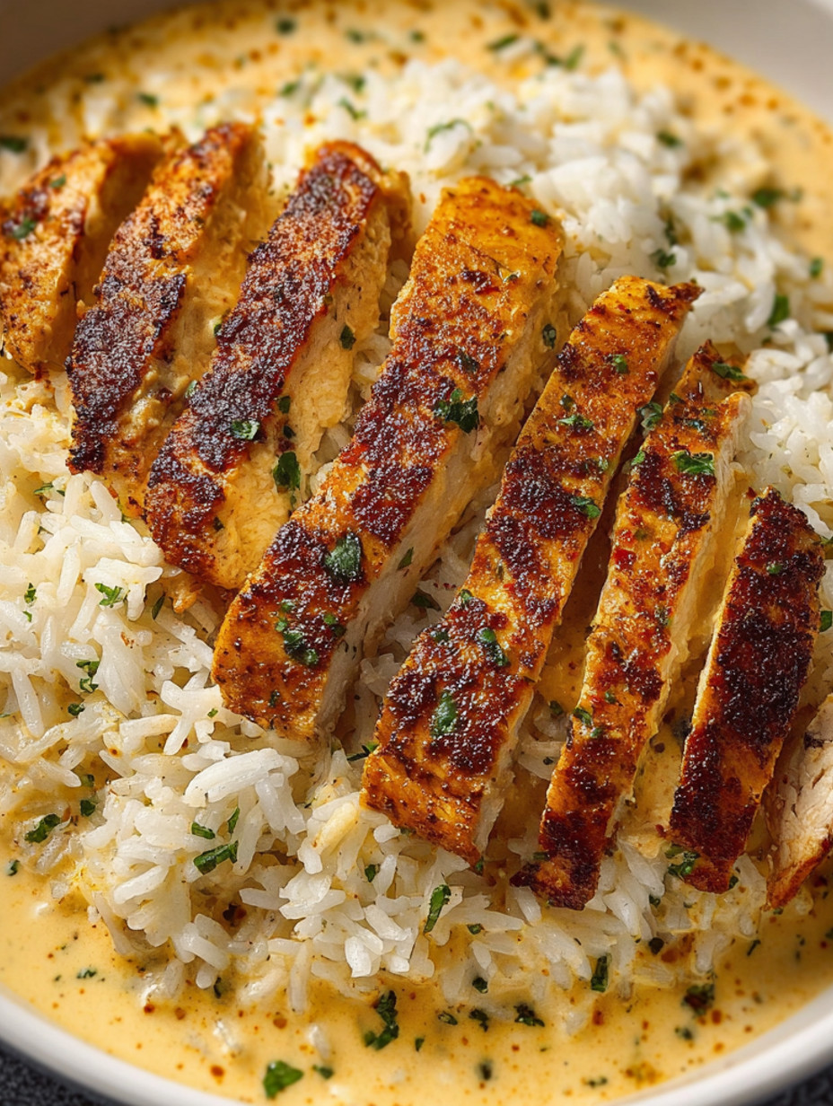 A plate of rice with chicken on top.