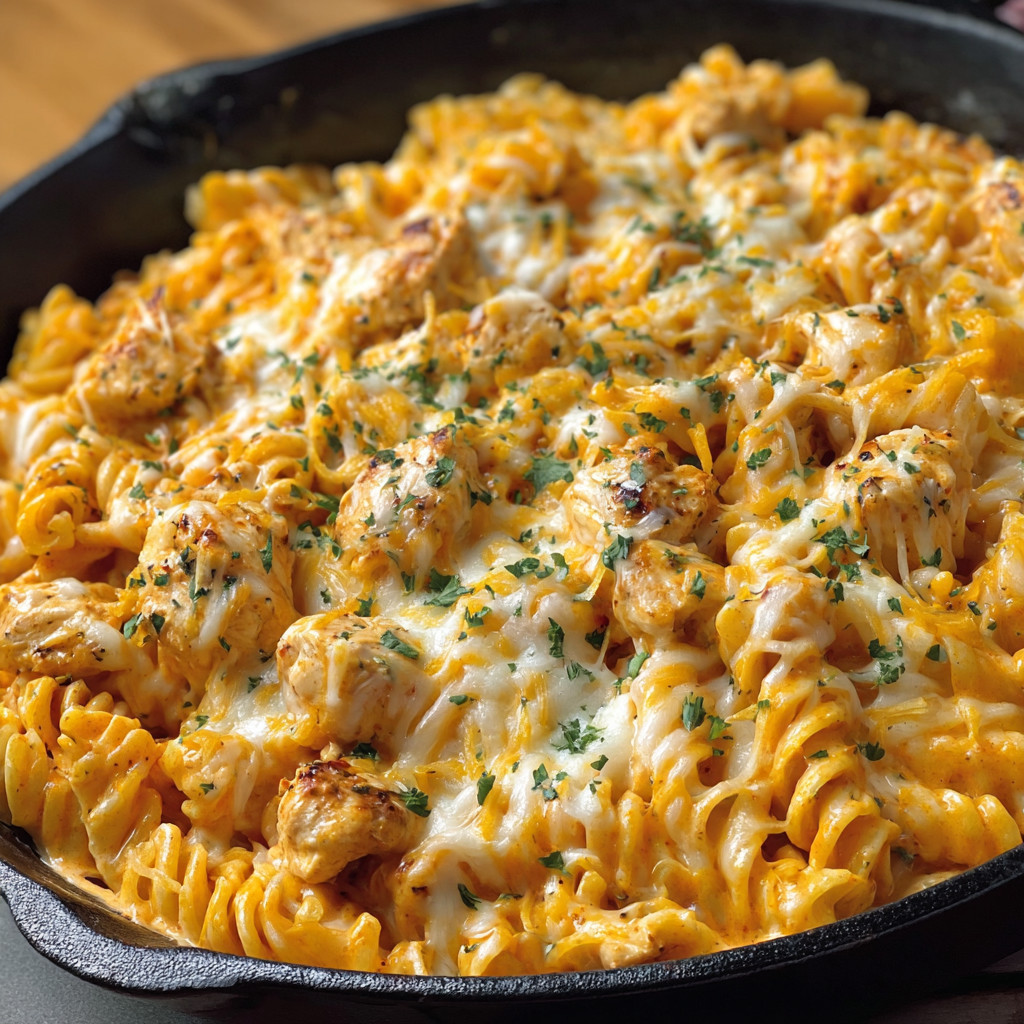 A pan of pasta with chicken and cheese.