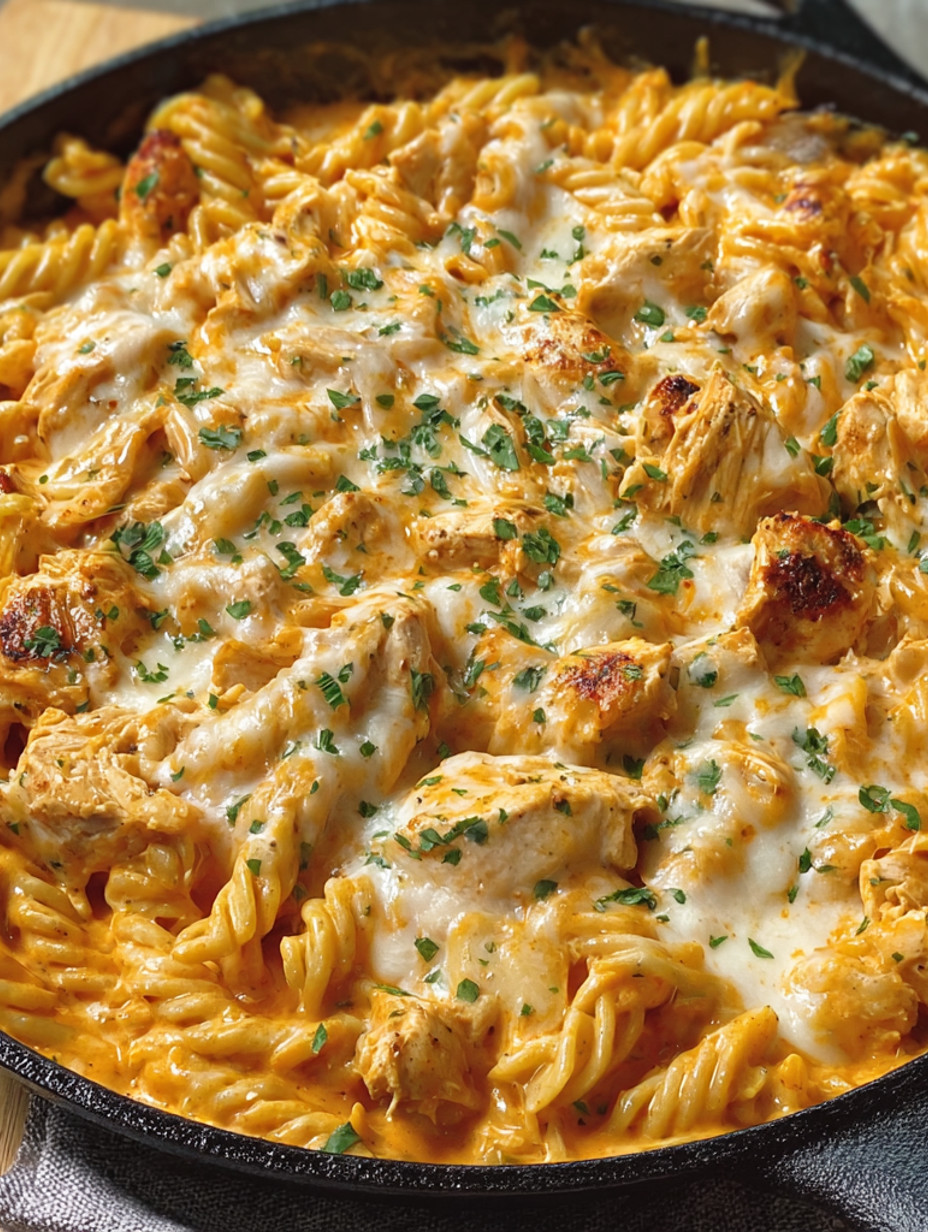 A bowl of pasta with chicken and cheese.