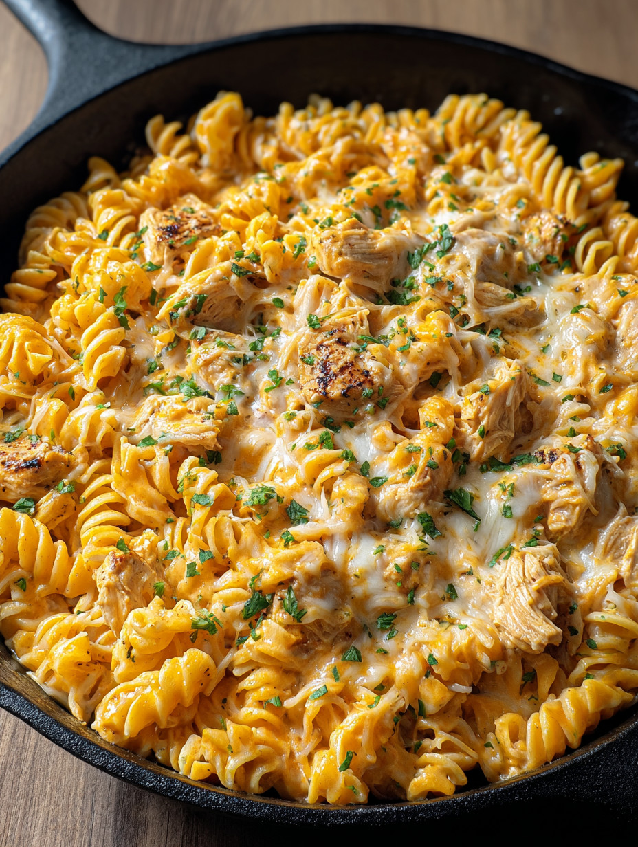 A bowl of pasta with chicken and cheese.