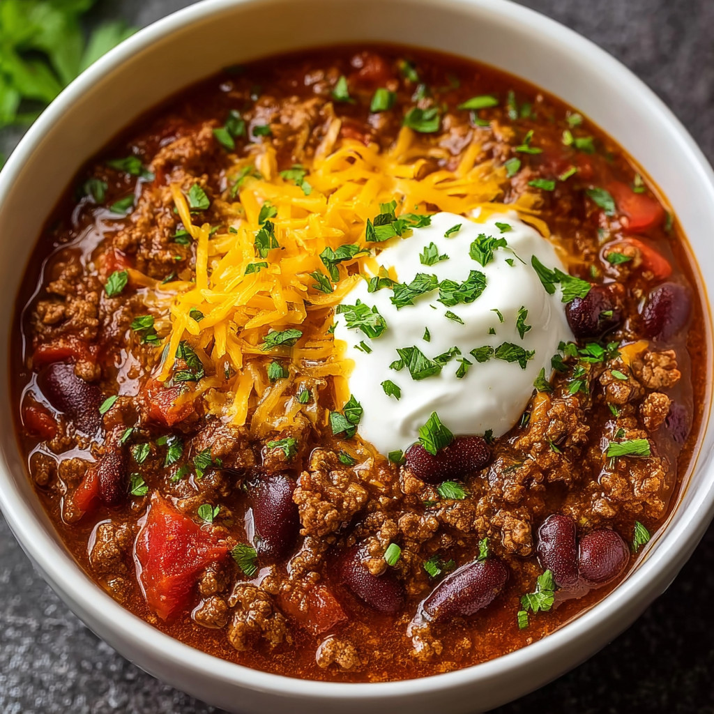 A bowl of chili with cheese and chives.