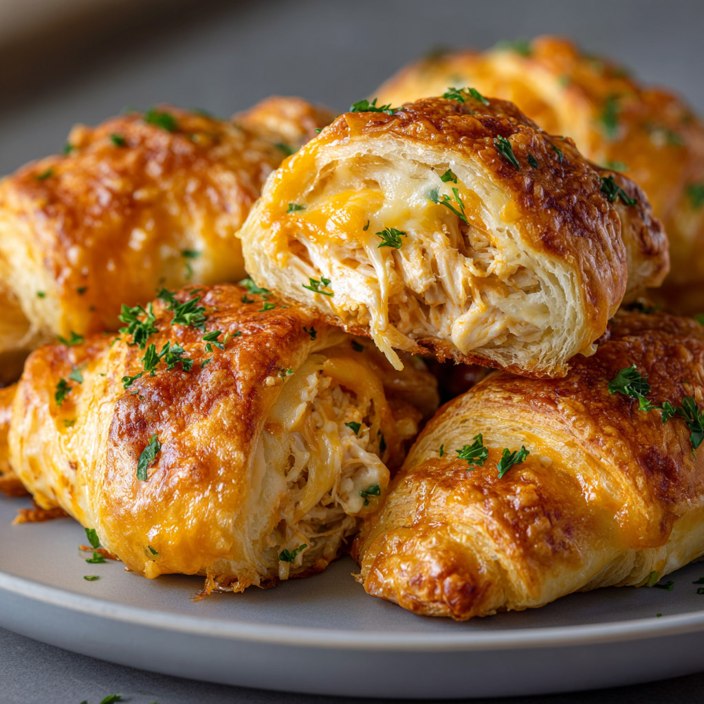 A plate of food with a pastry and a green herb.