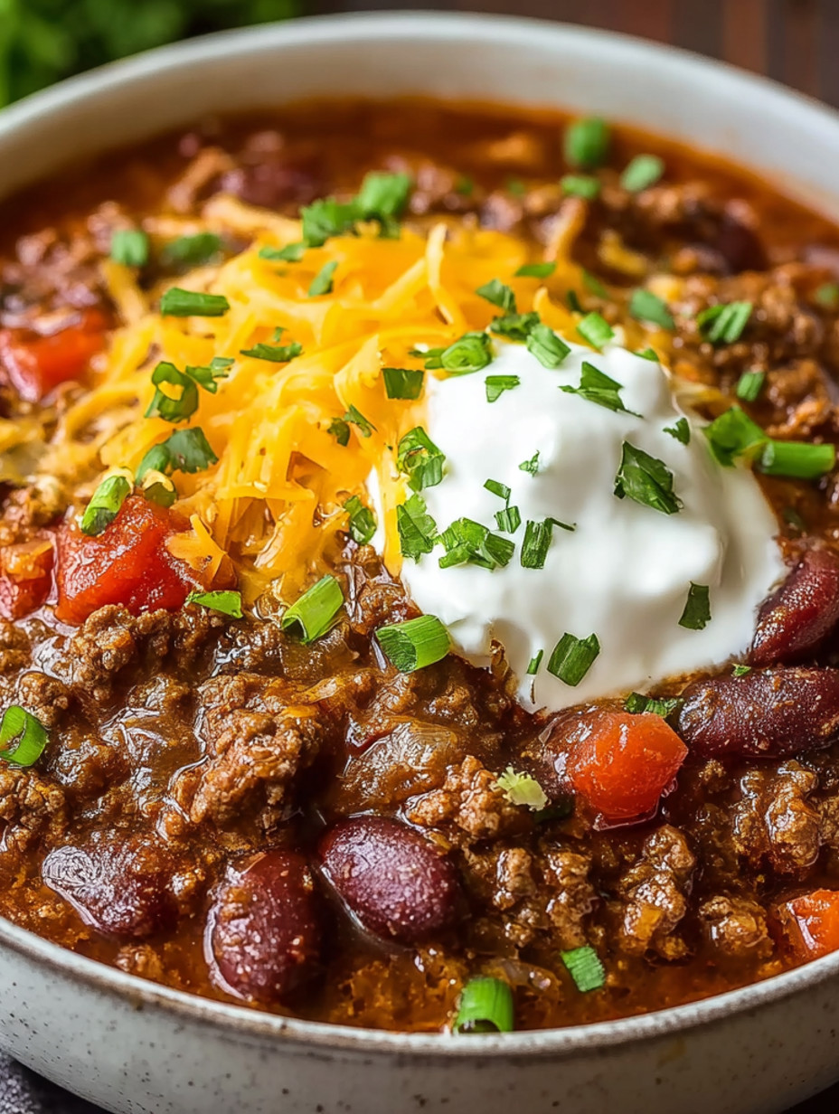 A bowl of chili with cheese and sour cream on top.
