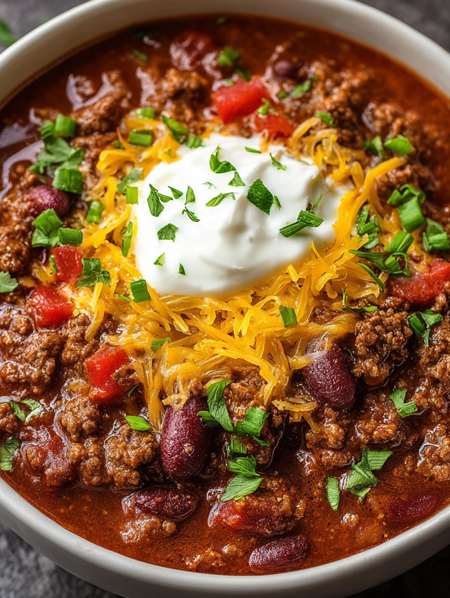 A bowl of chili with a dollop of sour cream on top.