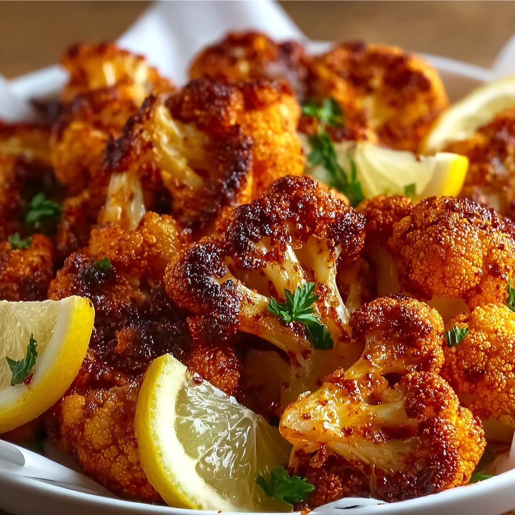 A bowl of cooked cauliflower with lemon wedges on top.