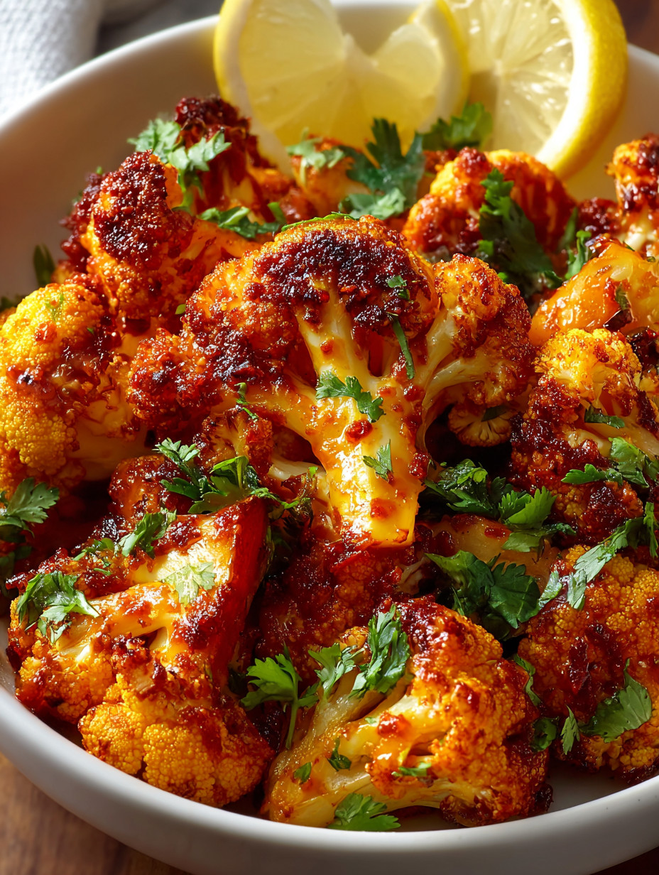 A bowl of cooked cauliflower with lemon wedges.