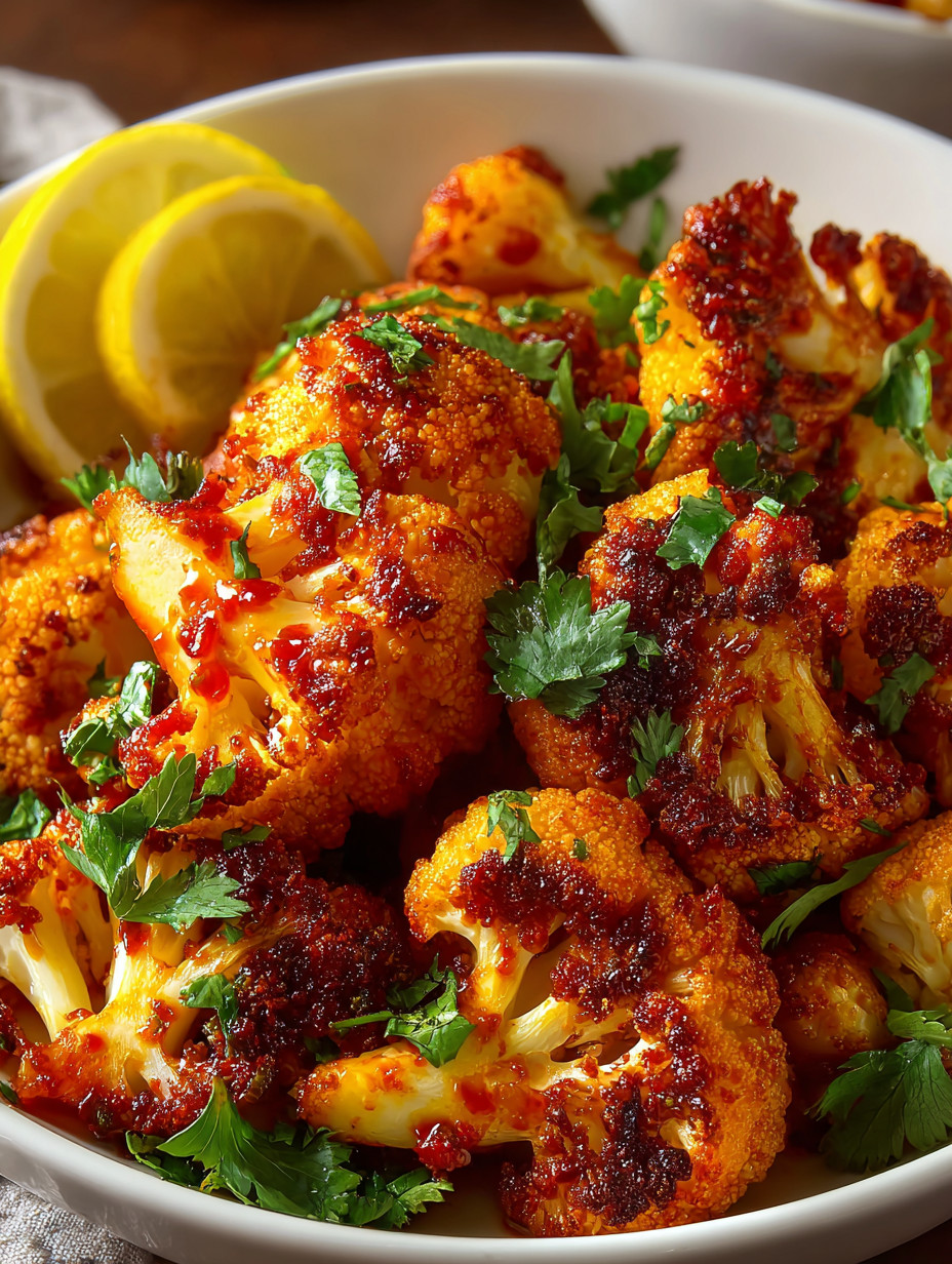 A bowl of cooked cauliflower with lemon wedges.