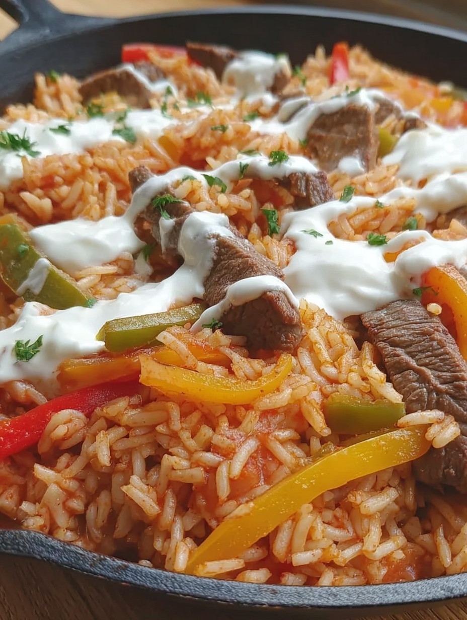 A plate of rice with meat and vegetables.