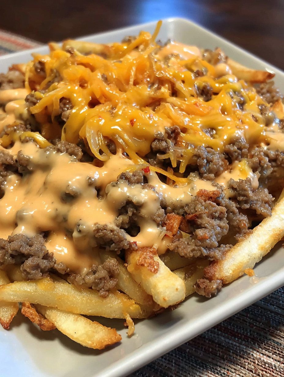 A plate of food with cheese and meat on top.