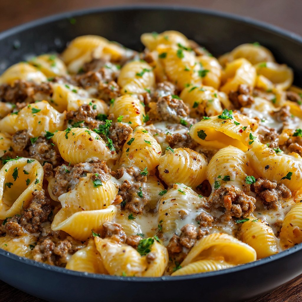 A bowl of pasta with meat and cheese.