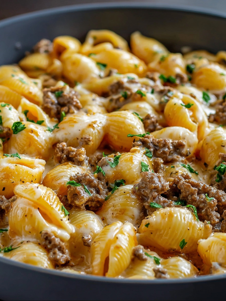 A bowl of pasta with meat and cheese.