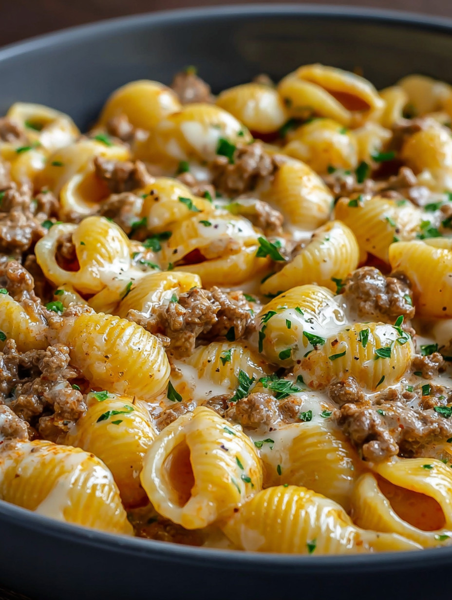 A bowl of pasta with meat and cheese.