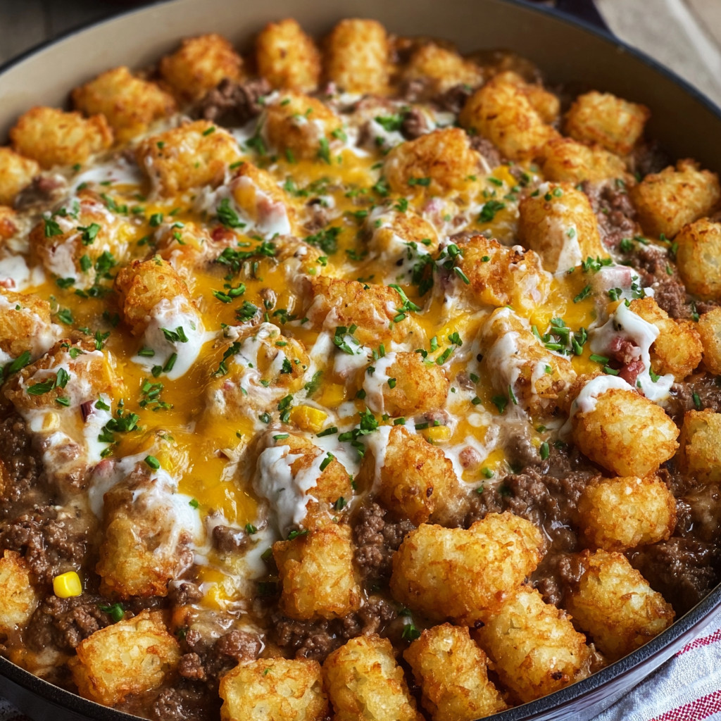 A dish of food with tater tots and meat.