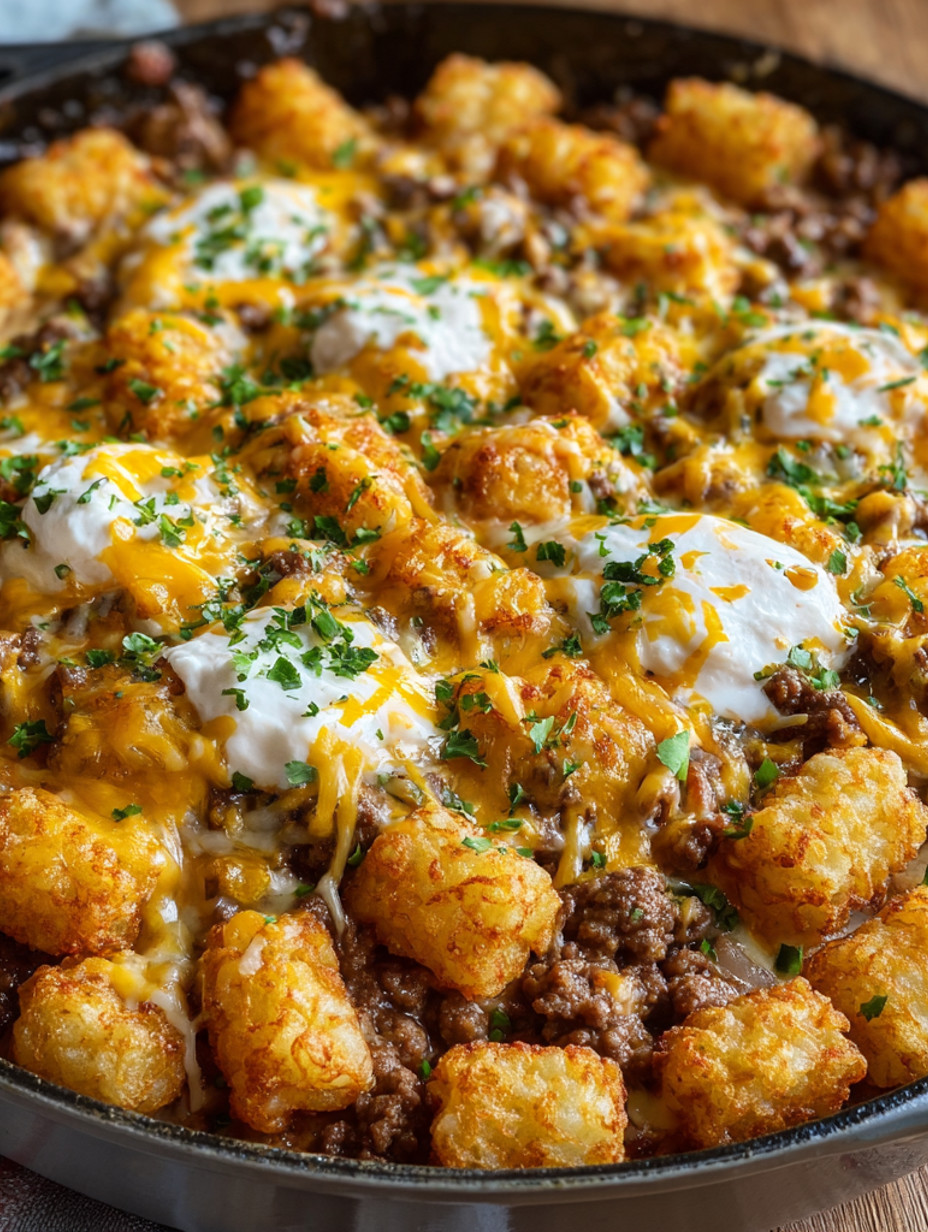 A delicious looking meal with cheese and tater tots.