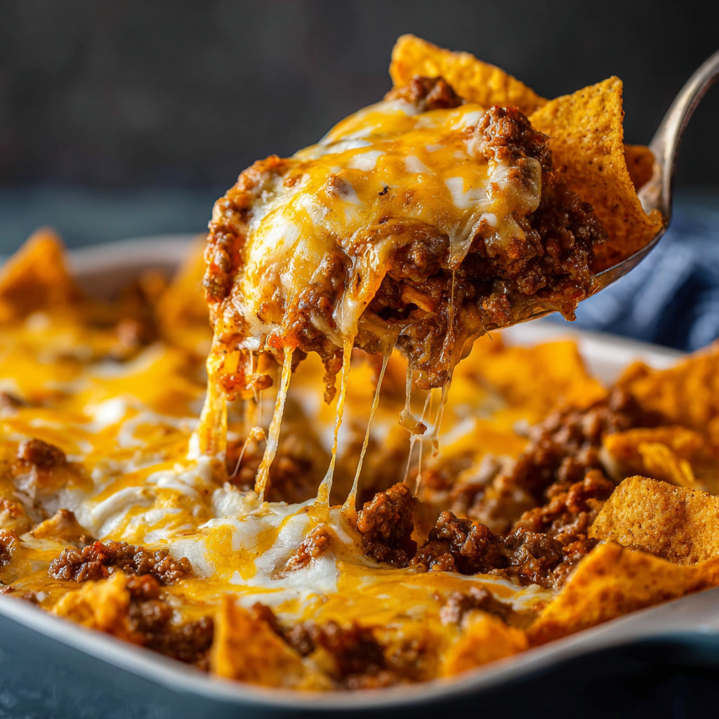 A spoonful of chili cheese nachos.