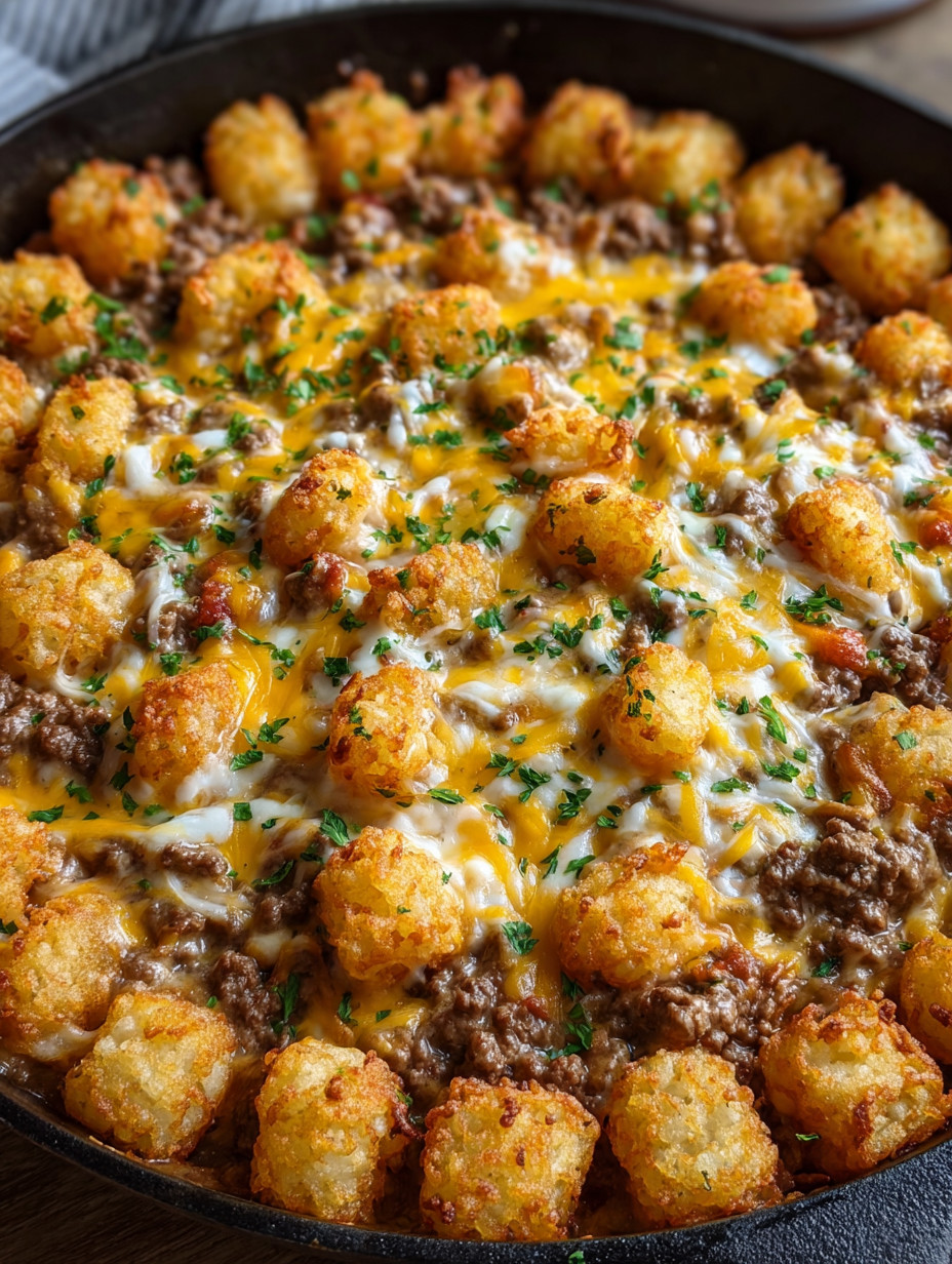 A delicious meal of tater tots and meat.
