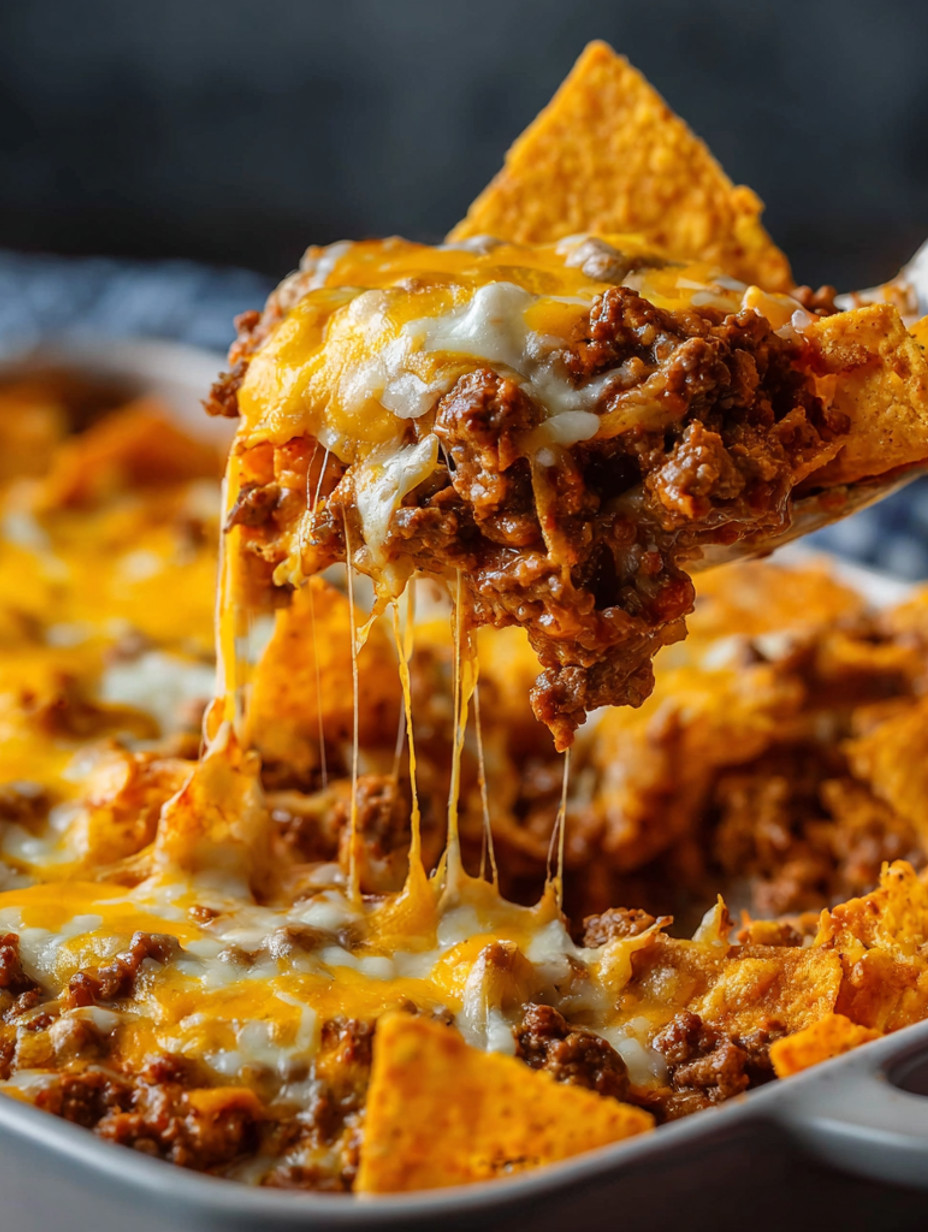 A spoon is dipping into a plate of nachos.
