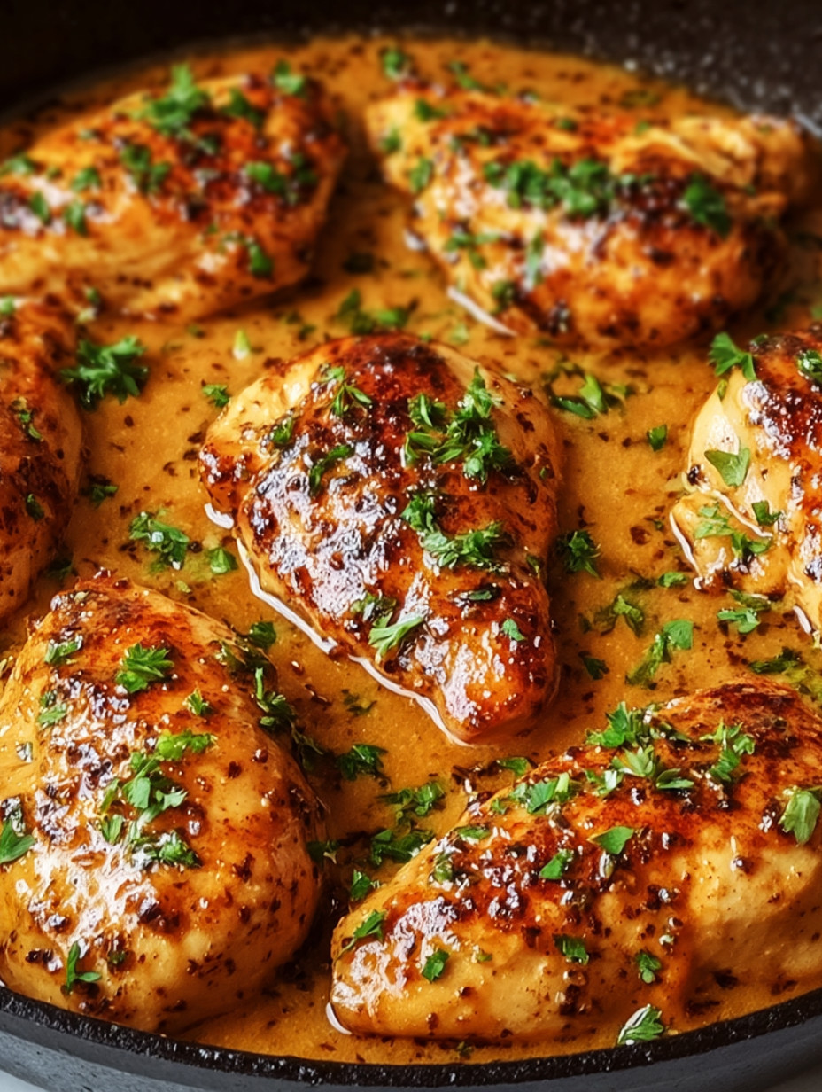 Chicken with herbs and sauce.