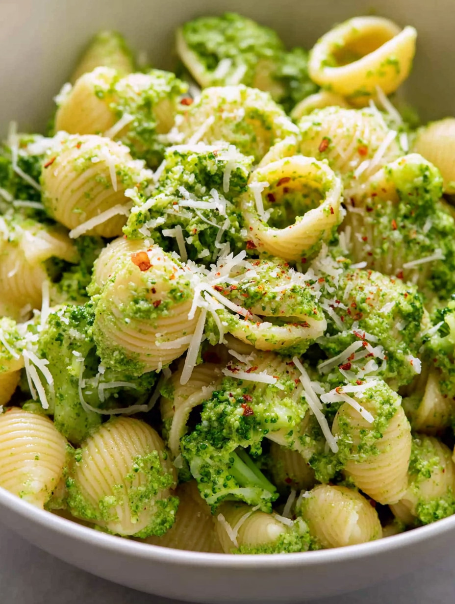 A bowl of pasta with broccoli and cheese.