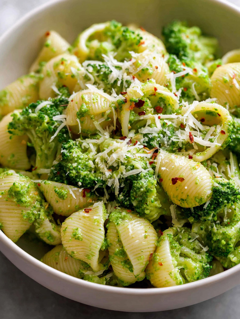 A bowl of pasta with broccoli and cheese.