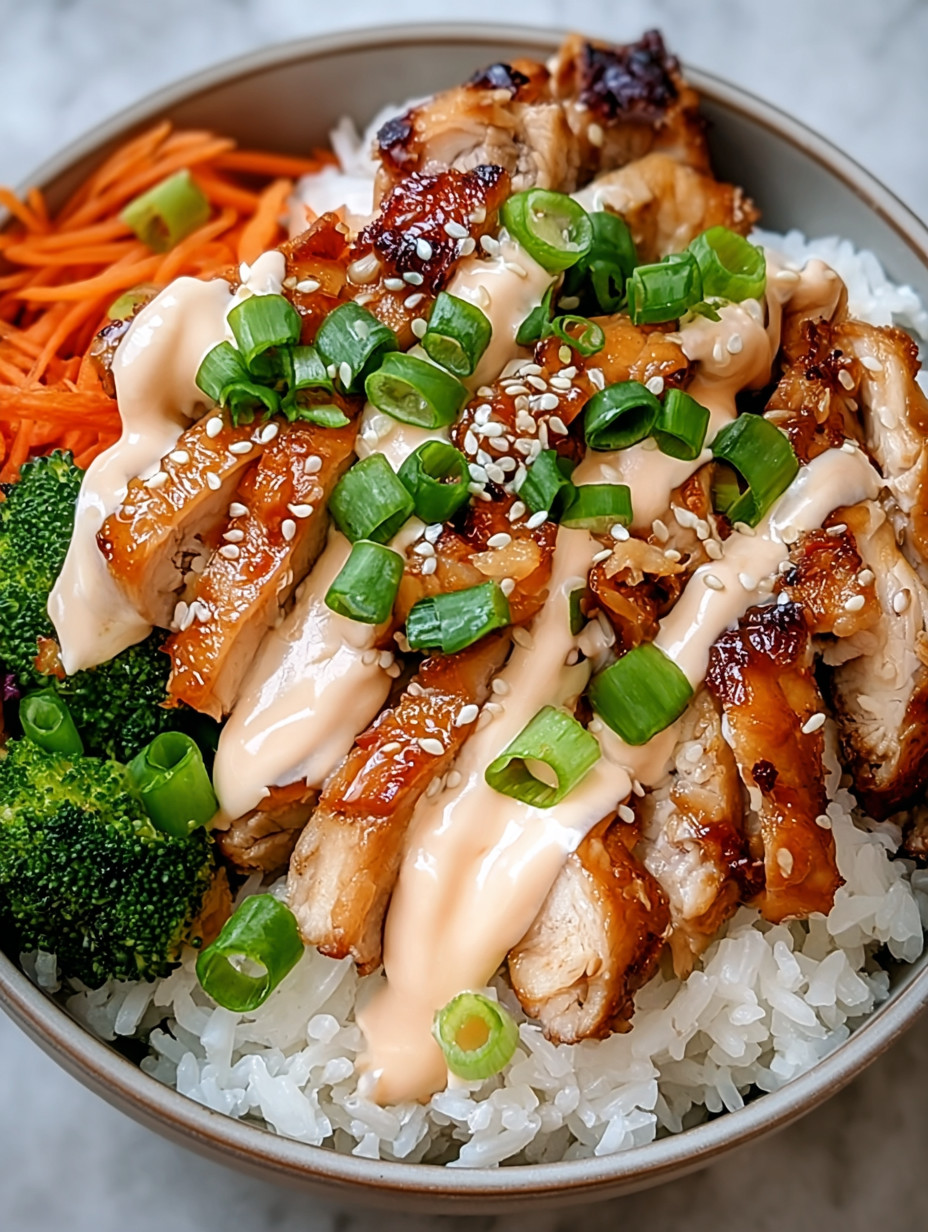 A bowl of food with chicken, broccoli, carrots and rice.