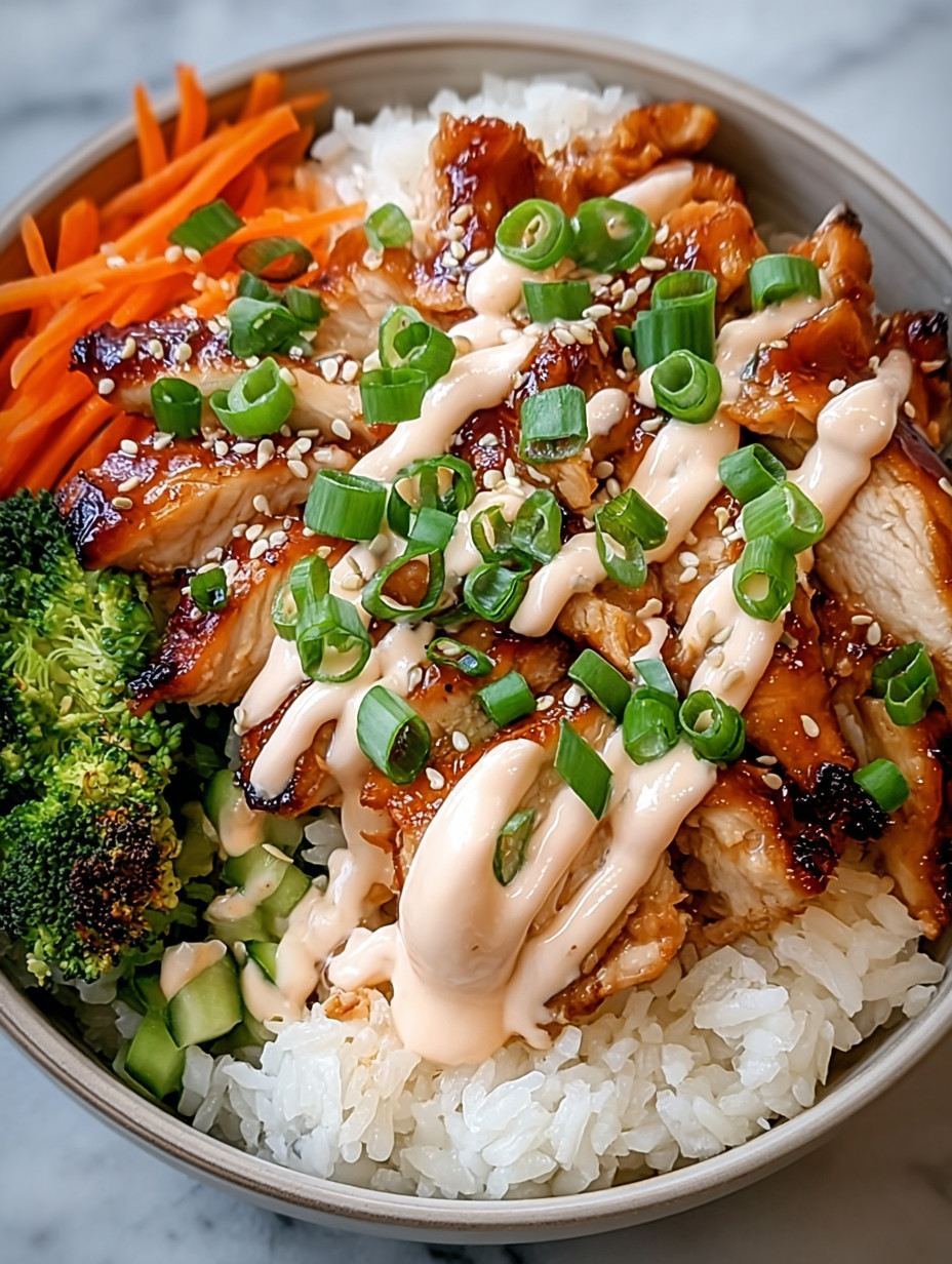 A bowl of food with rice, chicken, carrots, and broccoli.