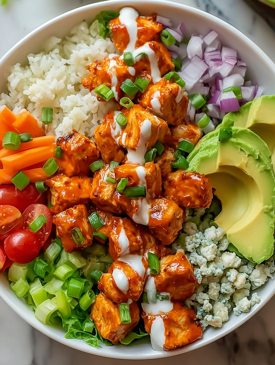 A bowl of food with chicken, rice, and vegetables.
