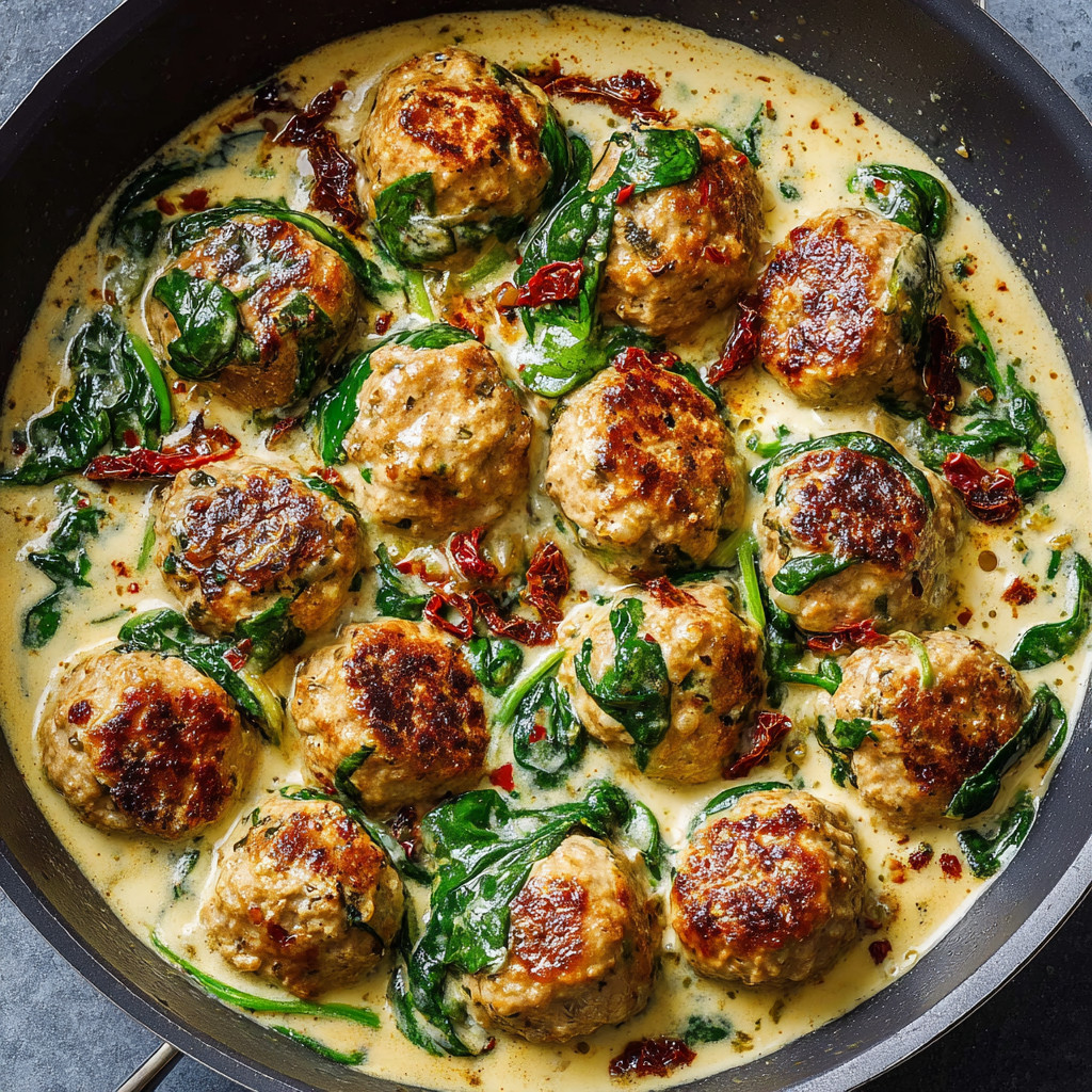 A pan of meatballs with greens.