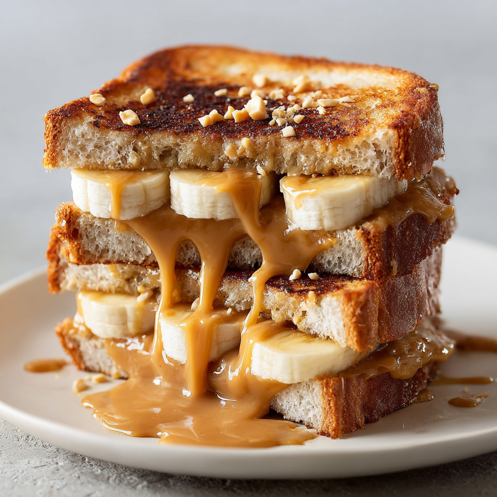 A stack of banana sandwiches with peanut butter and banana slices.