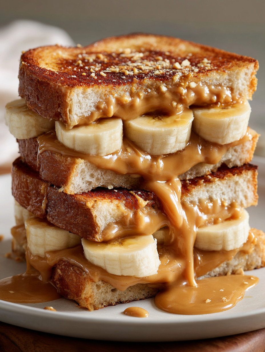 A stack of banana bread with peanut butter drizzled on top.