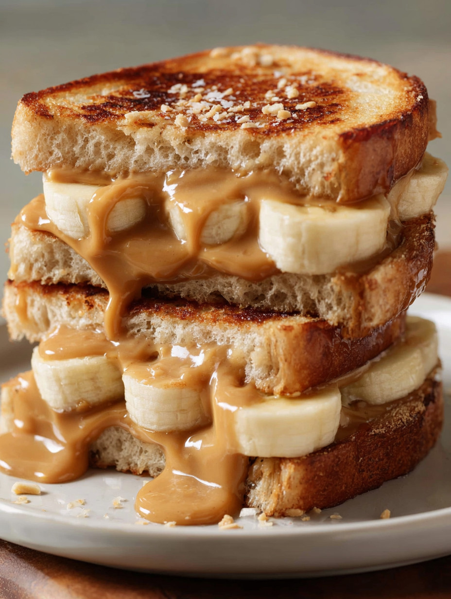 A stack of banana sandwiches with peanut butter and bananas.
