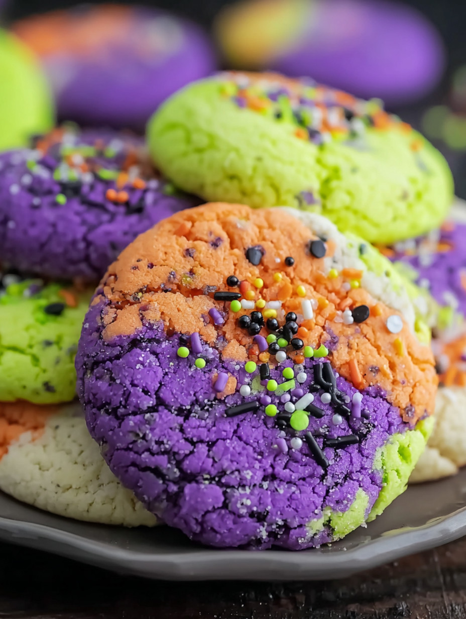 A plate of cookies with purple and orange frosting.