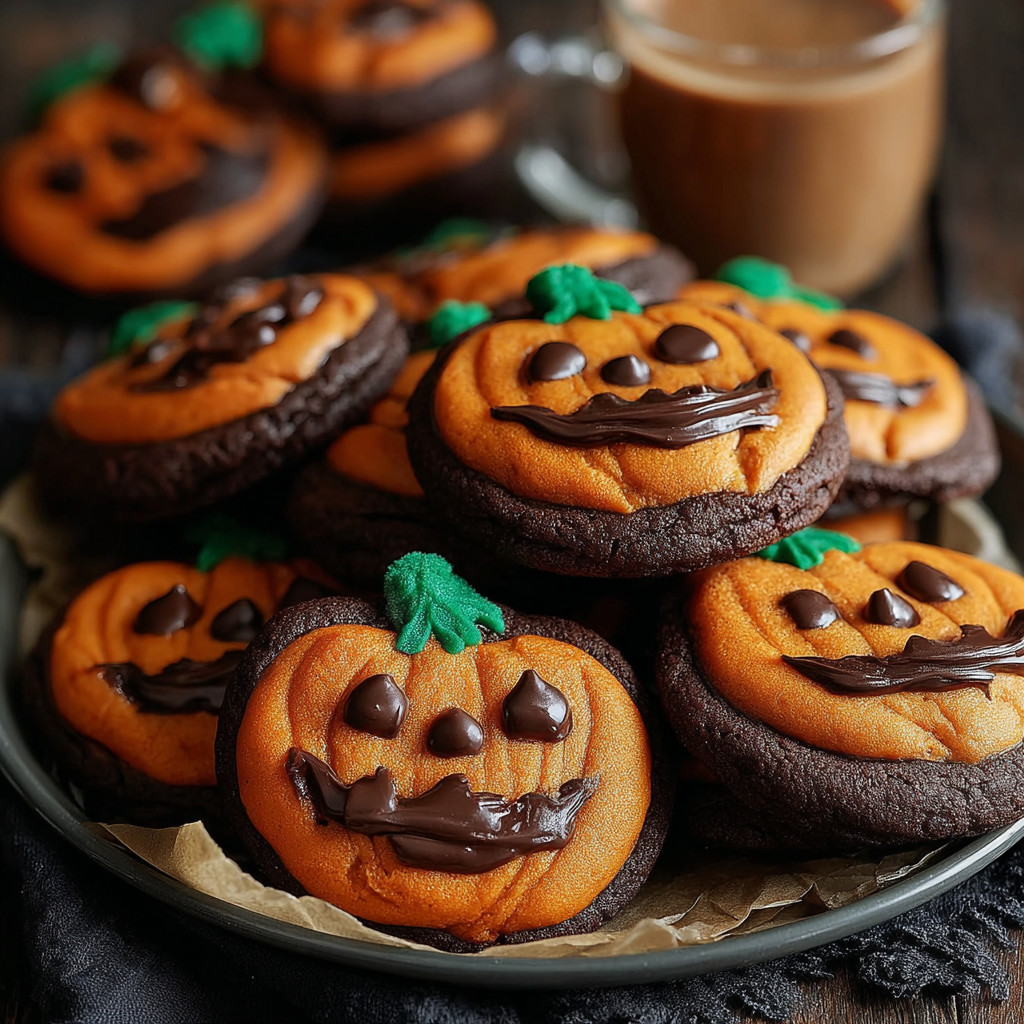 A plate of chocolate chip cookies with a pumpkin face.
