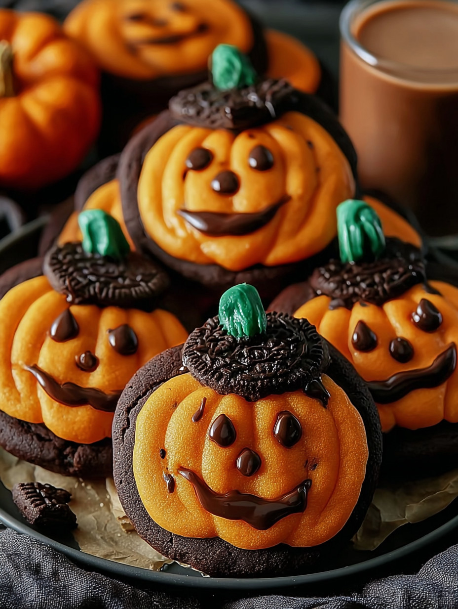 Chocolate chip cookies with chocolate drizzle and a pumpkin face.